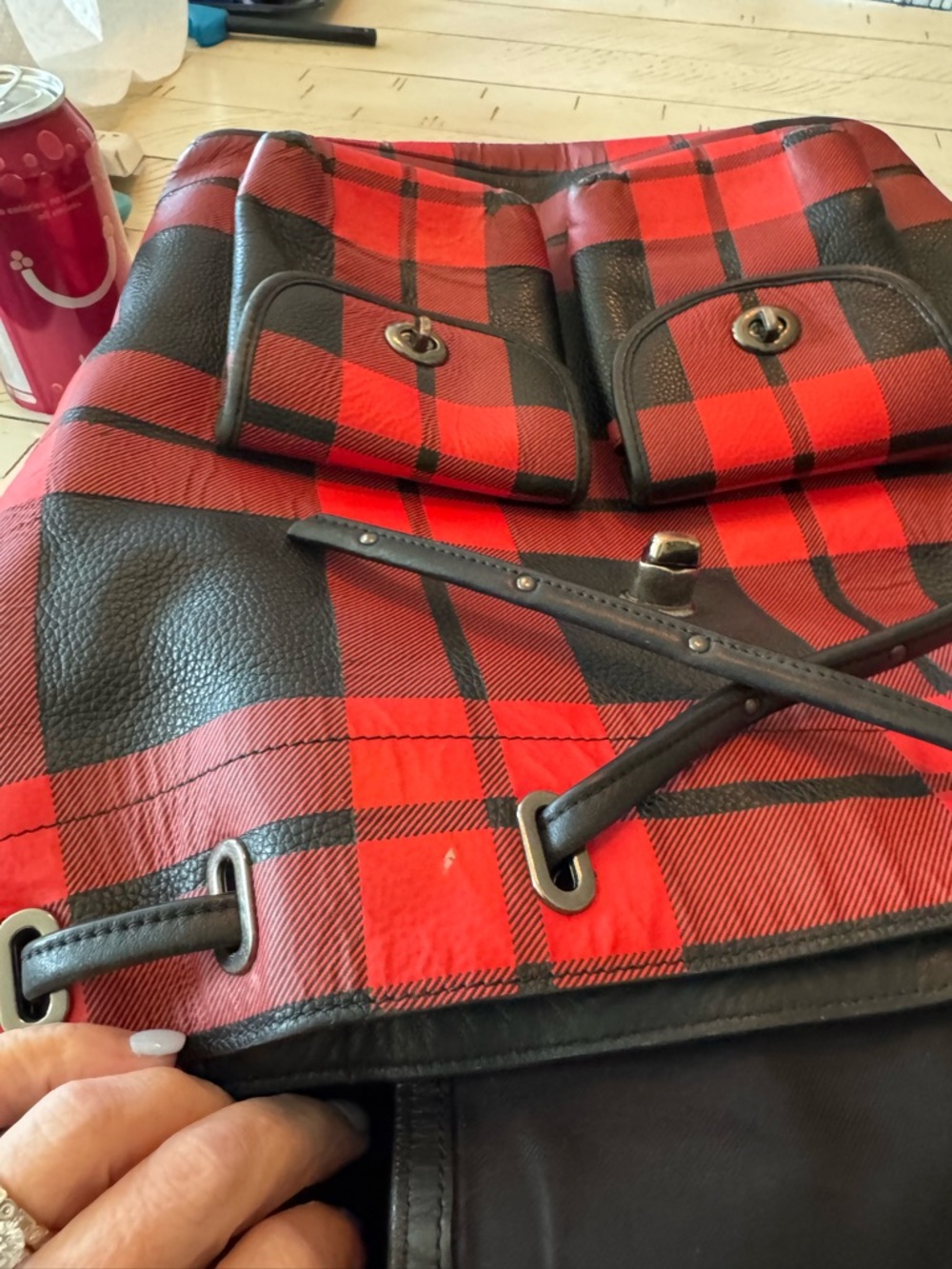 Coach Used Red and Black Plaid Bucket Backpack - Picture 4 of 6